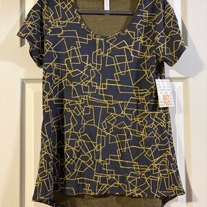 LuLaRoe Short Sleeve Top with Navy and Gold Abstract Pattern